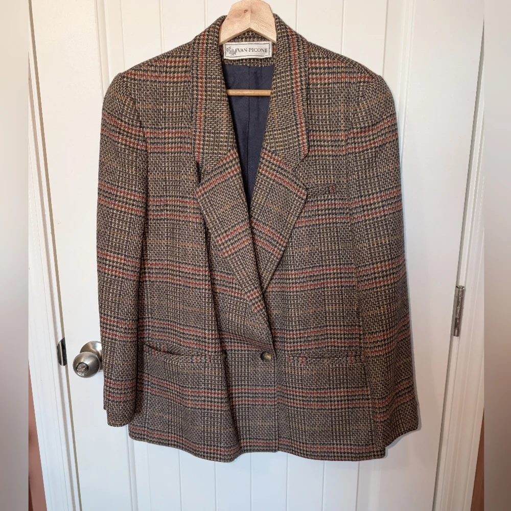 Vintage Evan Picone 2 Piece Plaid Wool Suit Set Skirt/Blazer W10 Red/Browns - Picture 2 of 16